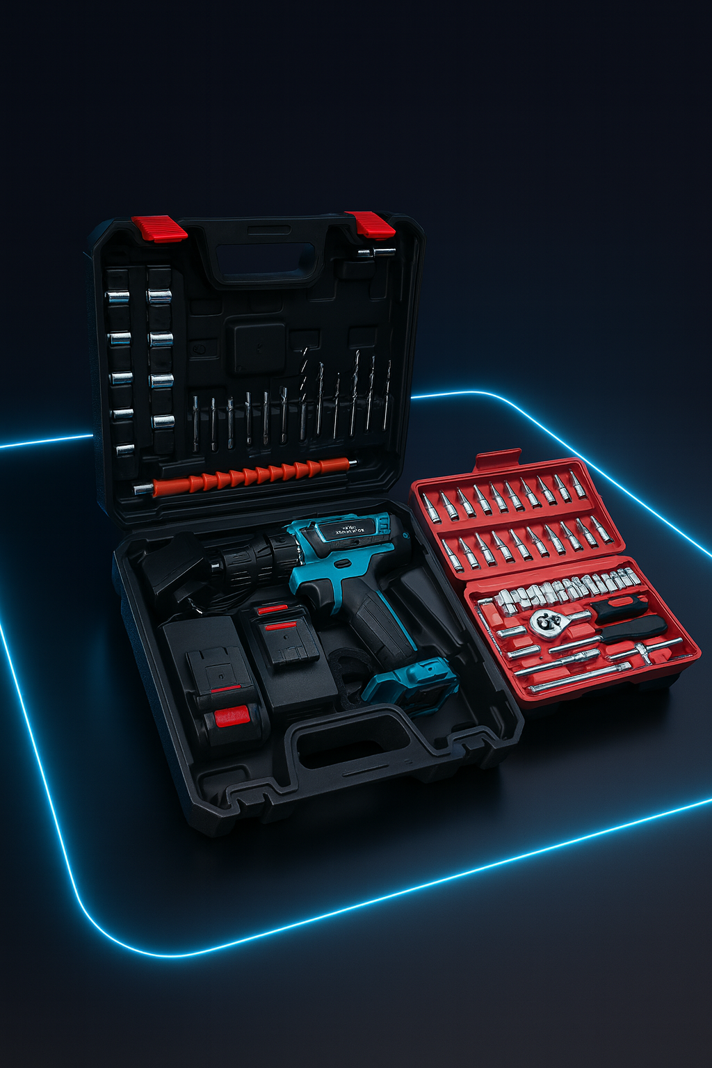 KIT TALADRO INALÁMBRICO y IMPACTO + 26 ACCESORIOS + 2 BATERIAS CON CAJA DE HERRAMIENTAS DE REGALO